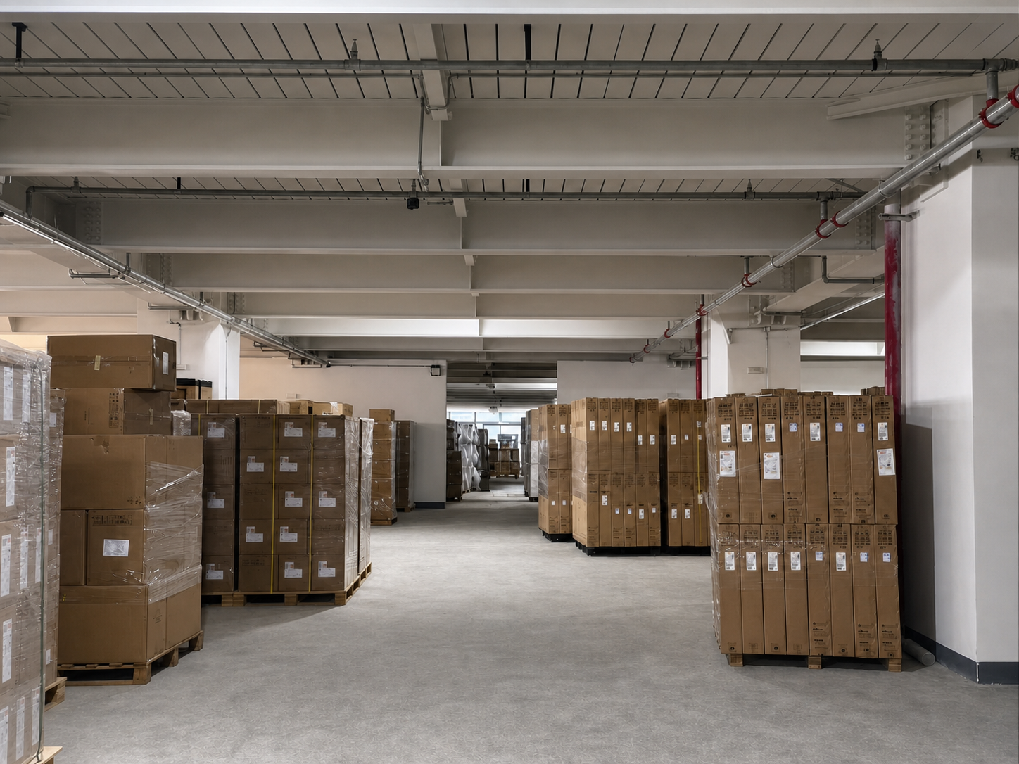 Bright consolidation warehouse with palletized cartons