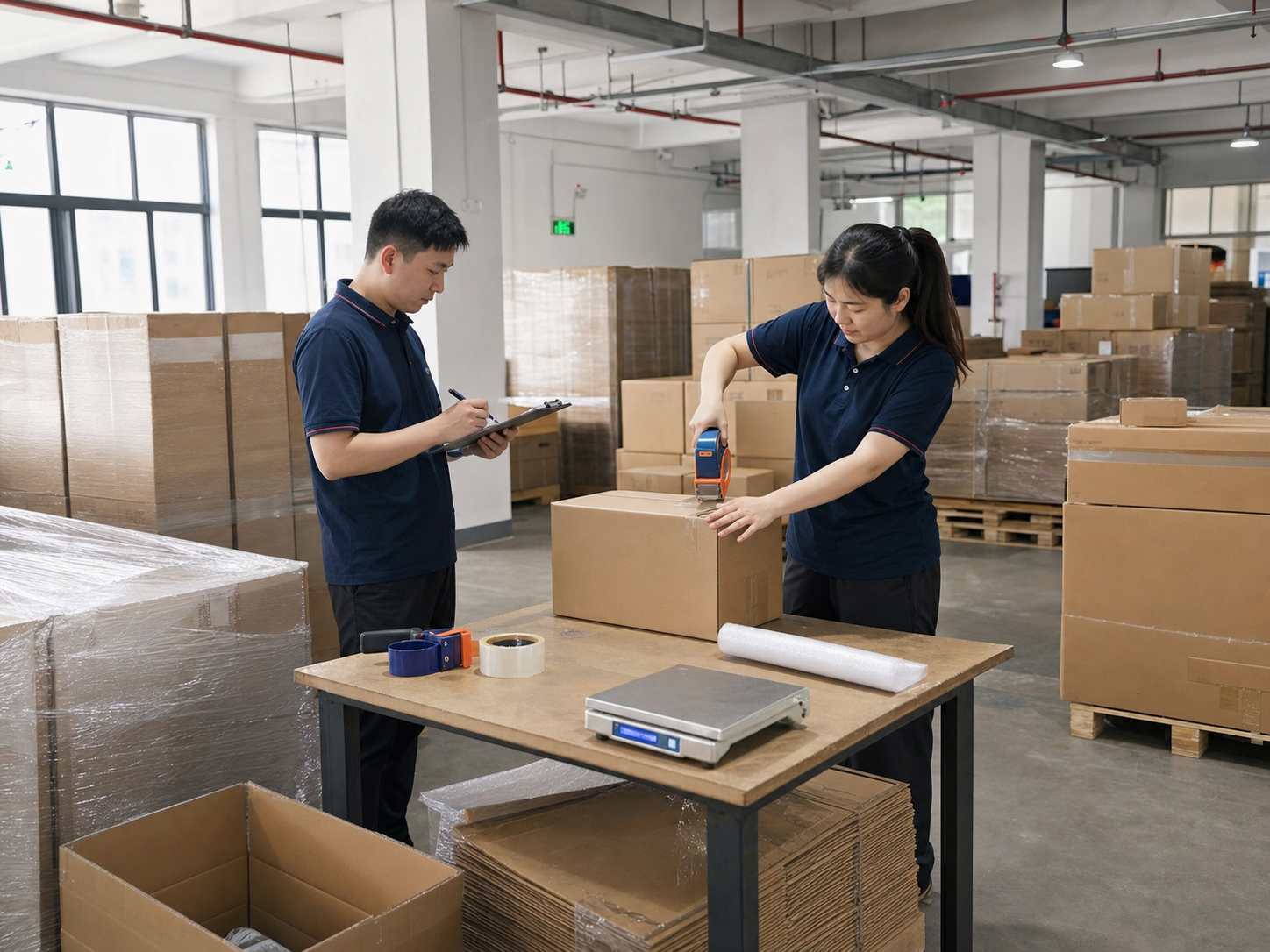 Warehouse staff packing and checking consolidated orders
