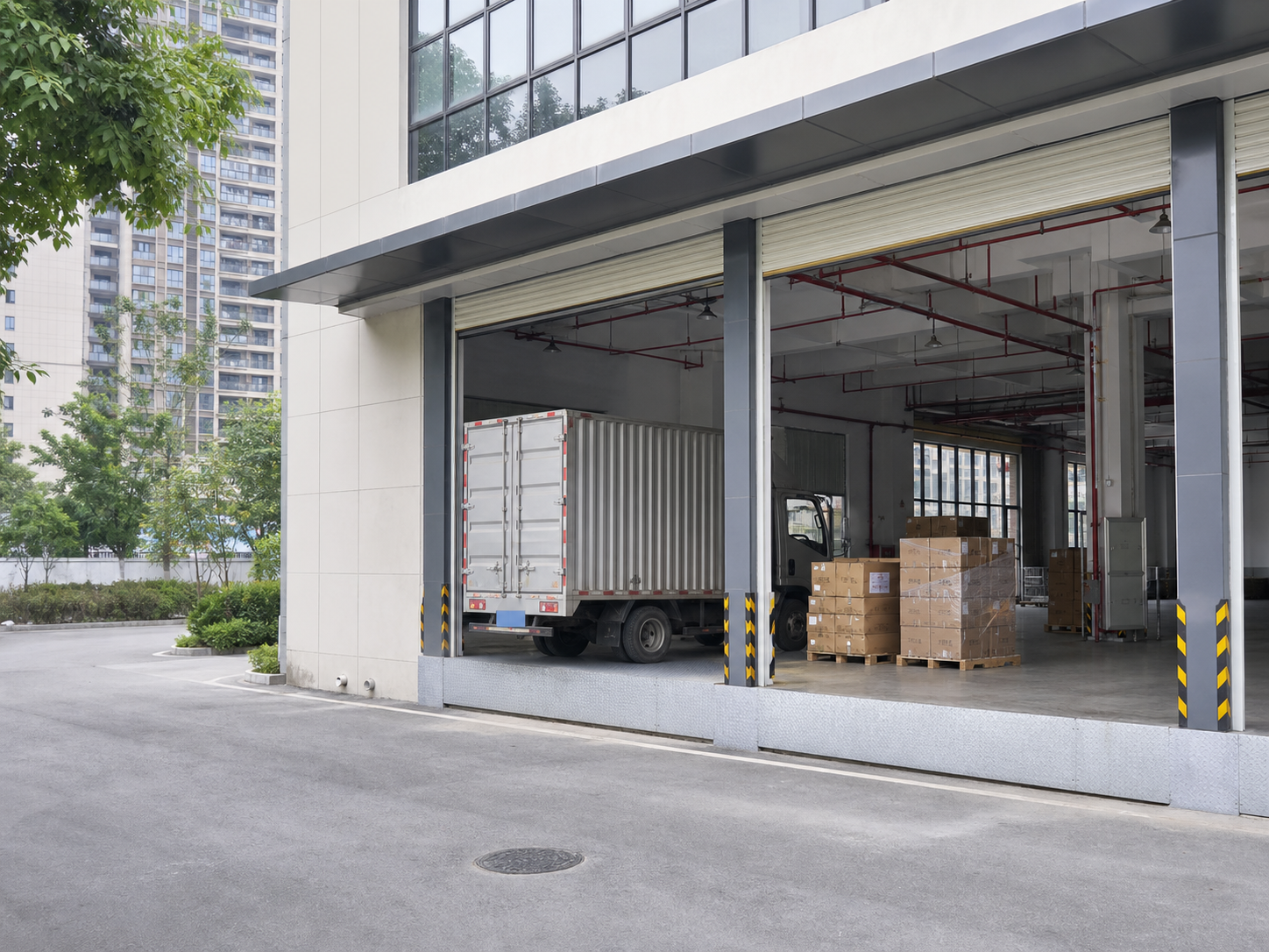 Warehouse exterior with loading bays and delivery access